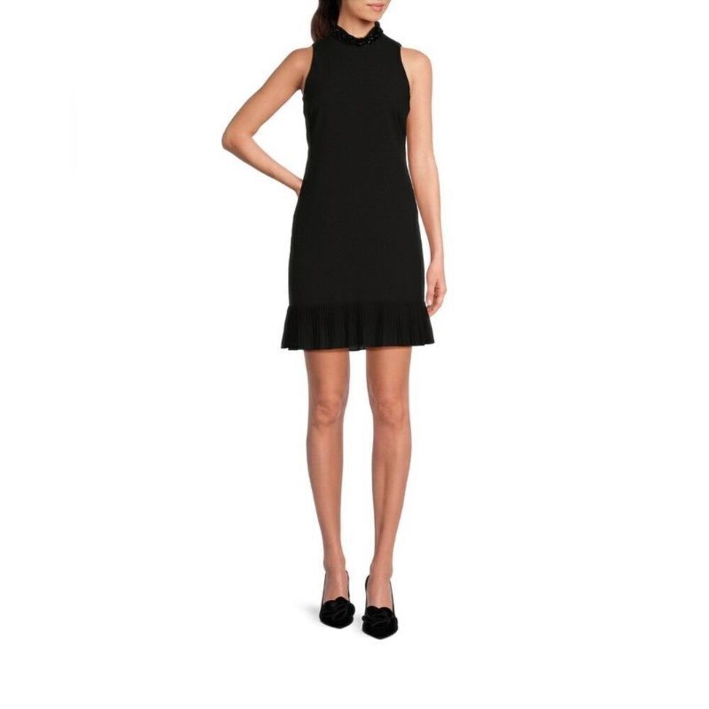 TAYLOR Rhinestone Mock Neck Stretch Crepe Chiffon Ruffle Hem Sheath Dress size 6